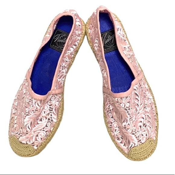 Pink Lace Espadrille Flats 8 - Picture 1 of 9